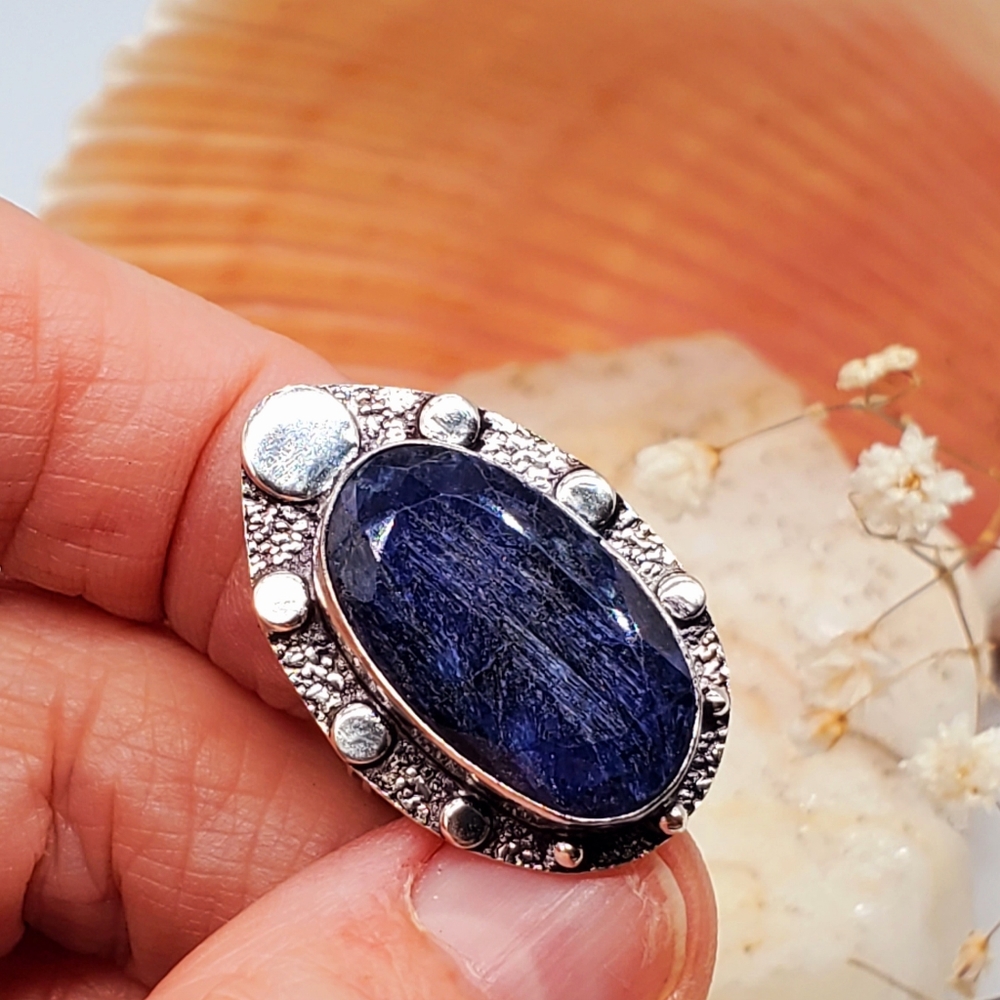 Silver 925 Ring Natural Raw Blue  Sapphire Stone